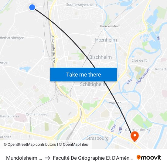 Mundolsheim Parc to Faculté De Géographie Et D'Aménaqement map