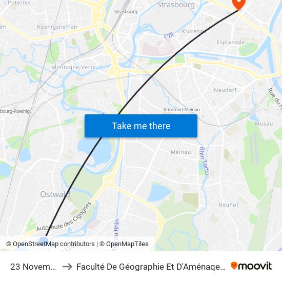 23 Novembre to Faculté De Géographie Et D'Aménaqement map