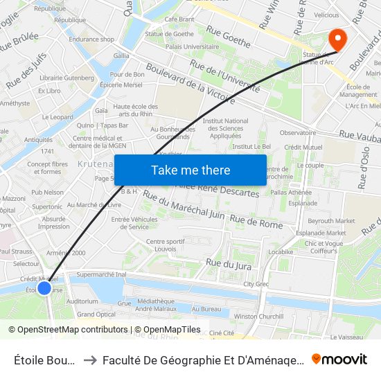 Étoile Bourse to Faculté De Géographie Et D'Aménaqement map