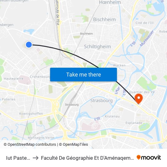 Iut Pasteur to Faculté De Géographie Et D'Aménaqement map