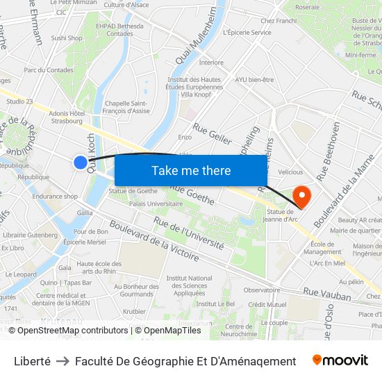 Liberté to Faculté De Géographie Et D'Aménaqement map