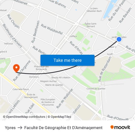 Ypres to Faculté De Géographie Et D'Aménaqement map