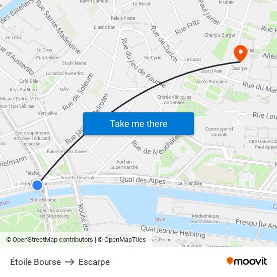 Étoile Bourse to Escarpe map