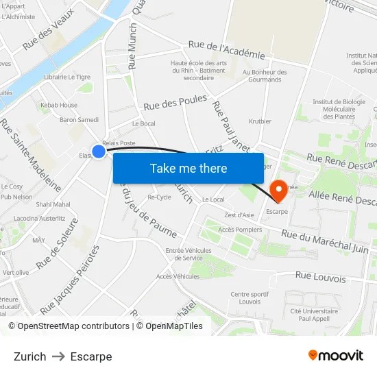 Zurich to Escarpe map