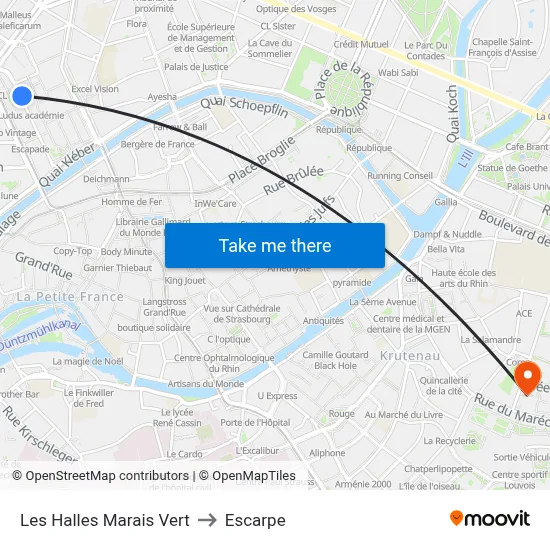 Les Halles Marais Vert to Escarpe map