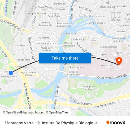 Montagne Verte to Institut De Physique Biologique map