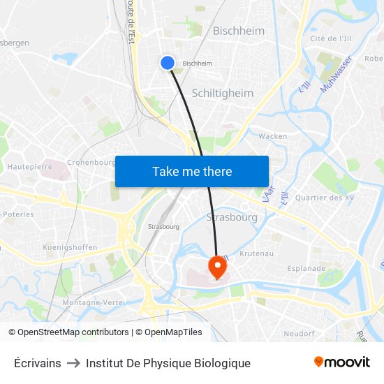 Écrivains to Institut De Physique Biologique map