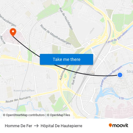 Homme De Fer to Hôpital De Hautepierre map