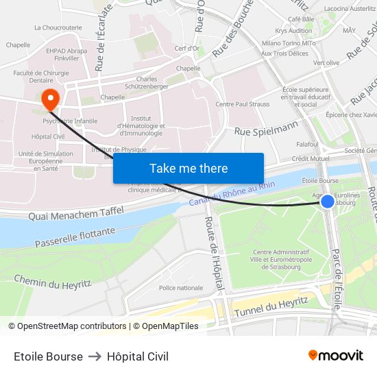 Etoile Bourse to Hôpital Civil map