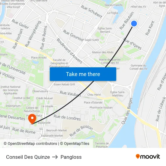 Conseil Des Quinze to Pangloss map