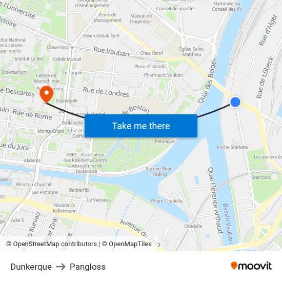 Dunkerque to Pangloss map