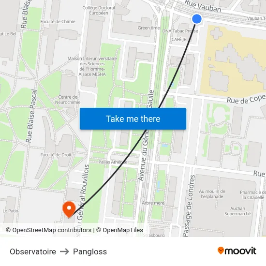 Observatoire to Pangloss map