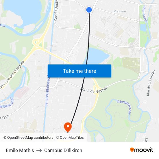 Emile Mathis to Campus D'Illkirch map