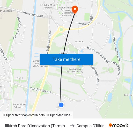 Illkirch Parc D'Innovation (Terminus) to Campus D'Illkirch map