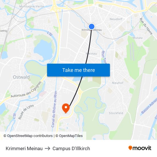 Krimmeri Meinau to Campus D'Illkirch map