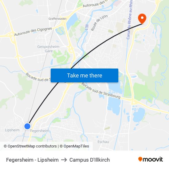 Fegersheim - Lipsheim to Campus D'Illkirch map