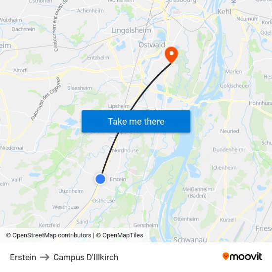 Erstein to Campus D'Illkirch map
