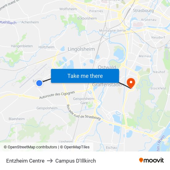 Entzheim Centre to Campus D'Illkirch map