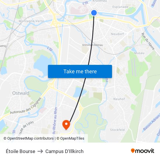 Étoile Bourse to Campus D'Illkirch map
