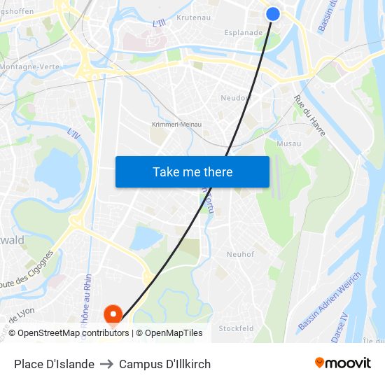 Place D'Islande to Campus D'Illkirch map