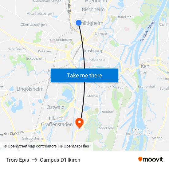 Trois Epis to Campus D'Illkirch map