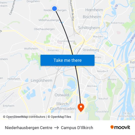 Niederhausbergen Centre to Campus D'Illkirch map