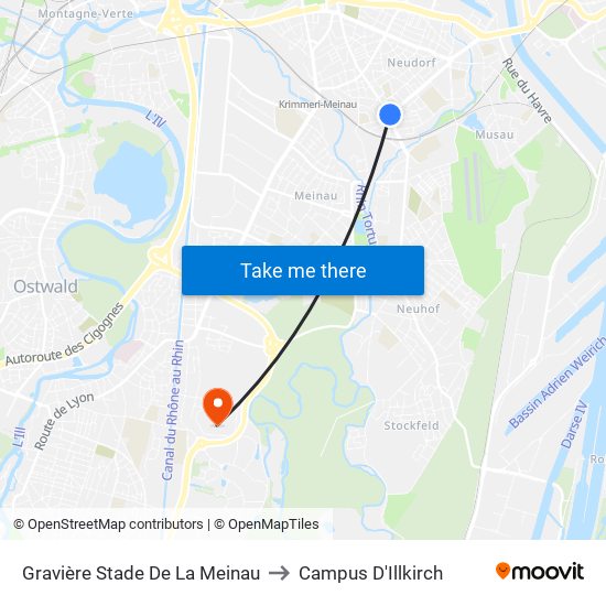 Gravière Stade De La Meinau to Campus D'Illkirch map