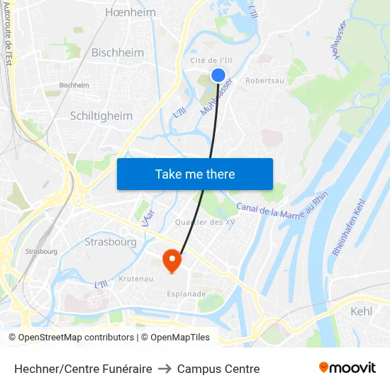 Hechner/Centre Funéraire to Campus Centre map
