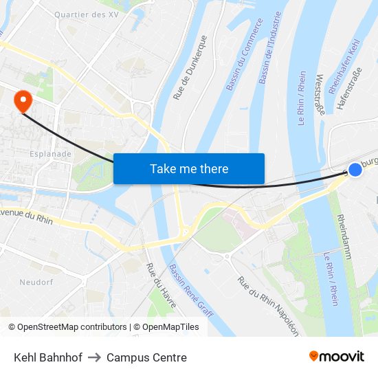 Kehl Bahnhof to Campus Centre map