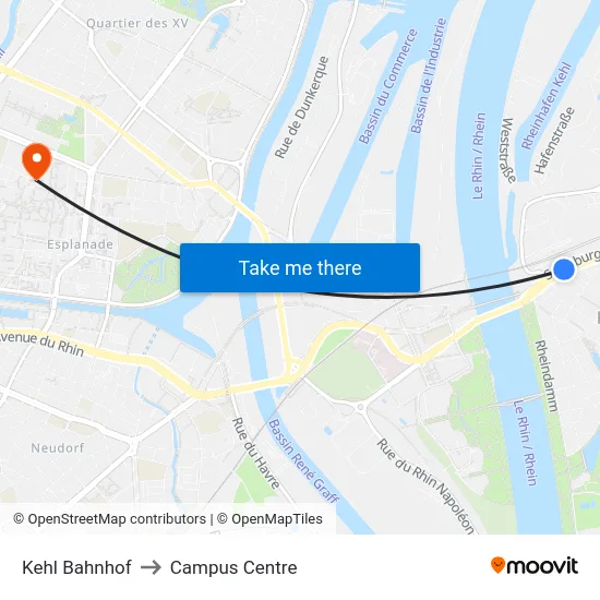 Kehl Bahnhof to Campus Centre map