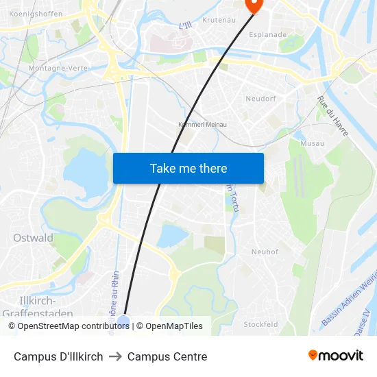 Campus D'Illkirch to Campus Centre map