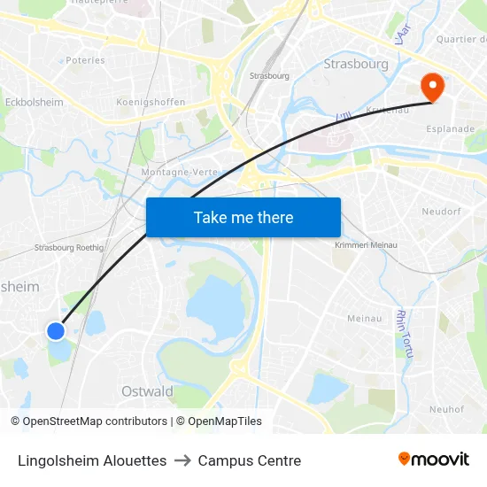 Lingolsheim Alouettes to Campus Centre map