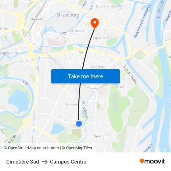 Cimetière Sud to Campus Centre map