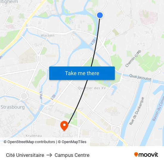 Cité Universitaire to Campus Centre map