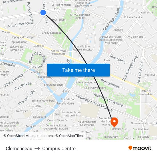 Clémenceau to Campus Centre map