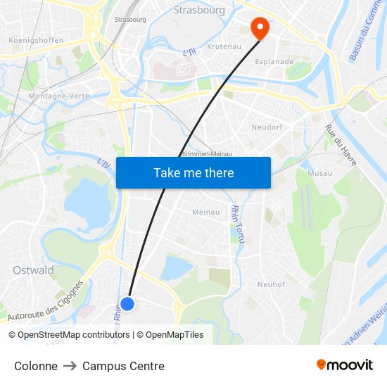 Colonne to Campus Centre map