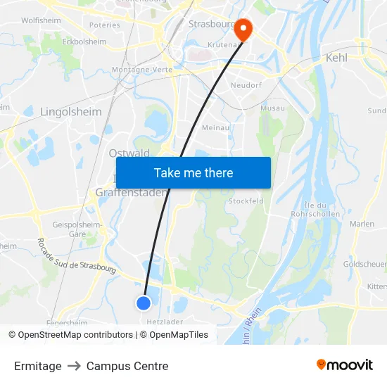 Ermitage to Campus Centre map