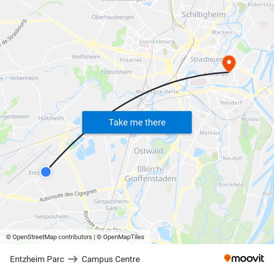 Entzheim Parc to Campus Centre map