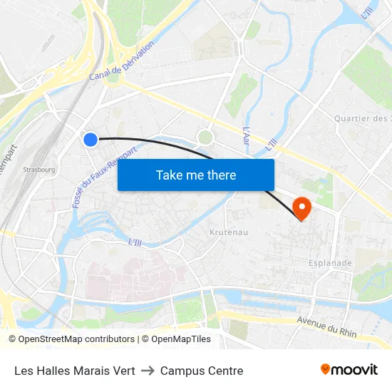 Les Halles Marais Vert to Campus Centre map
