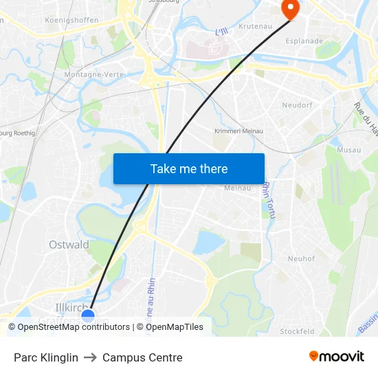 Parc Klinglin to Campus Centre map