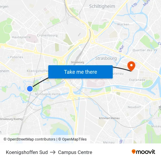 Koenigshoffen Sud to Campus Centre map