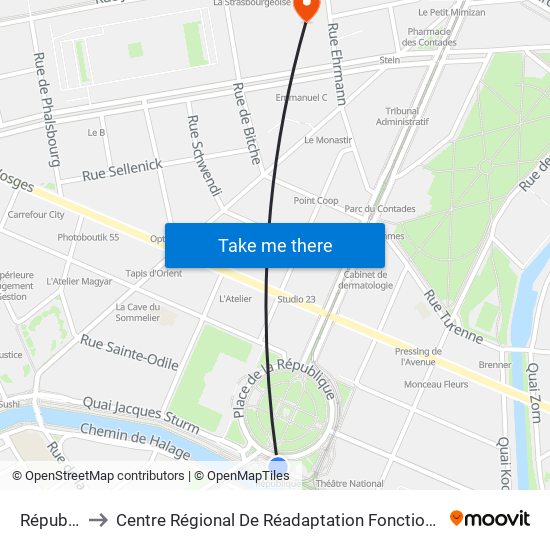 République to Centre Régional De Réadaptation Fonctionnelle Clémenceau map