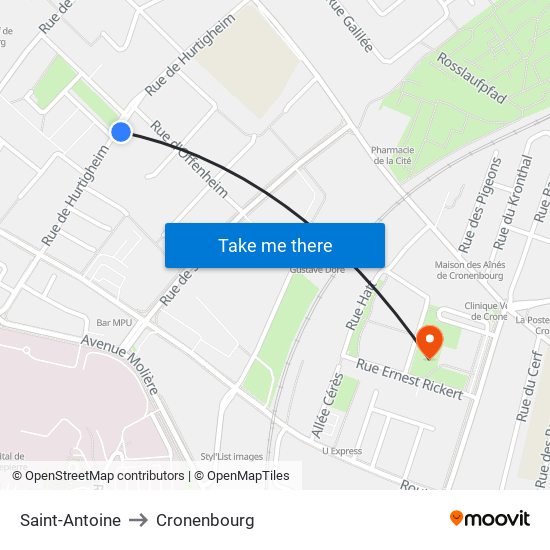 Saint-Antoine to Cronenbourg map