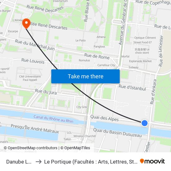 Danube Le Vaisseau to Le Portique (Facultés : Arts, Lettres, Staps Et Direction Du Numérique) map