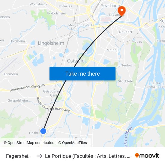 Fegersheim - Lipsheim to Le Portique (Facultés : Arts, Lettres, Staps Et Direction Du Numérique) map