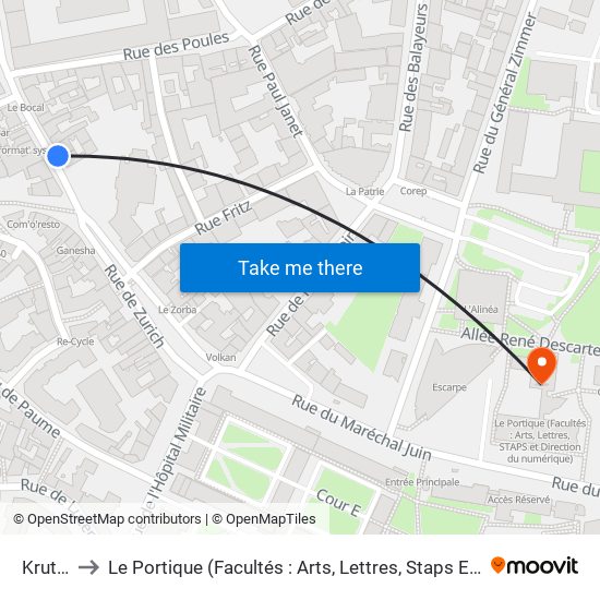 Krutenau to Le Portique (Facultés : Arts, Lettres, Staps Et Direction Du Numérique) map