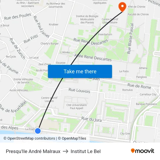 Presqu'Ile André Malraux to Institut Le Bel map