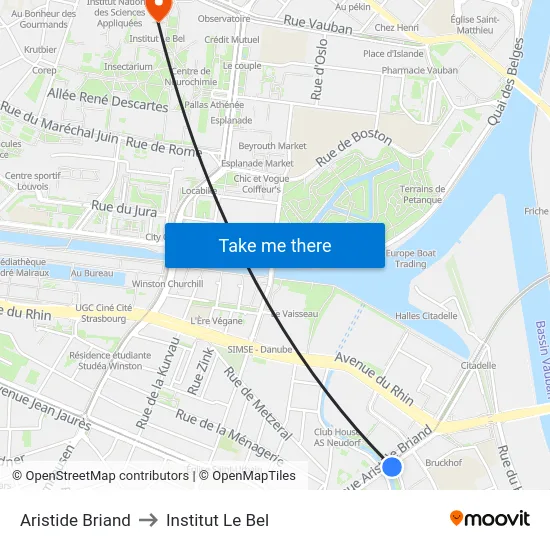 Aristide Briand to Institut Le Bel map