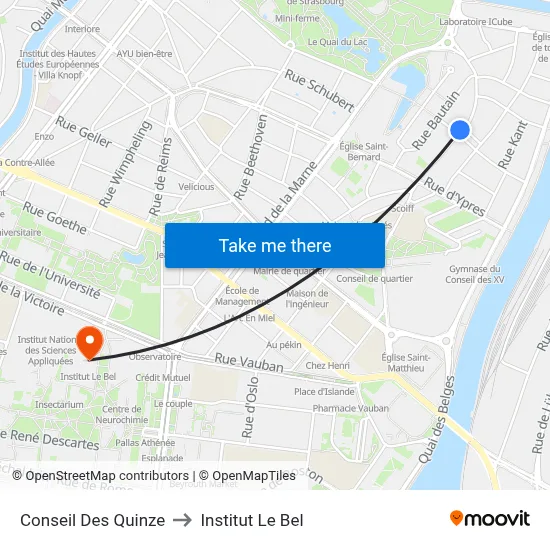 Conseil Des Quinze to Institut Le Bel map