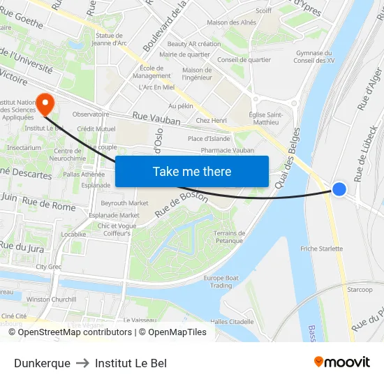 Dunkerque to Institut Le Bel map